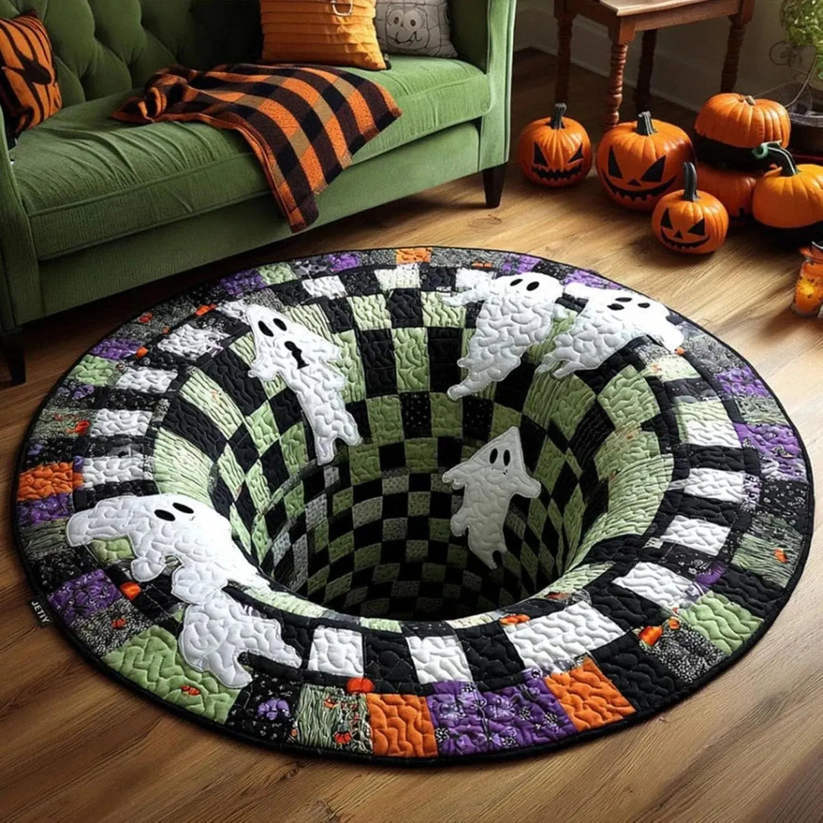 🎉🎃3D Skeleton Vortex Quilted Round Halloween Rug | Spooky Quilted Circular Halloween Floor Decor Mat