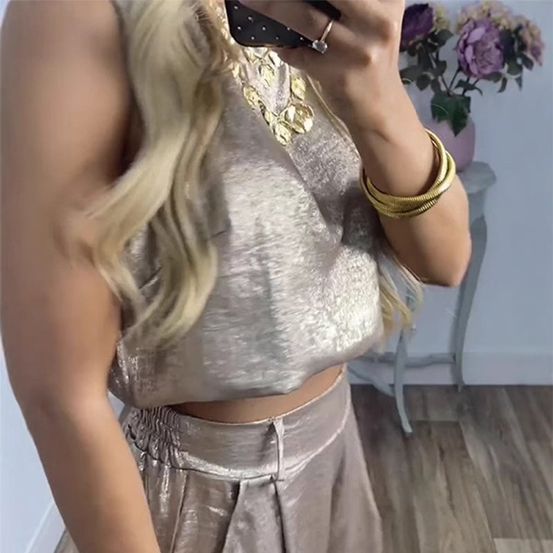 Women's 2-Piece Glossy Outfit Tank Top & Wide Leg Pants