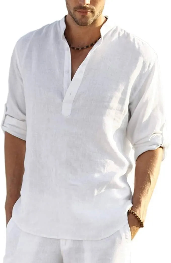 🔥Men's cotton and linen Henley Shirt Long Sleeve Hippie Casual Beach T Shirts
