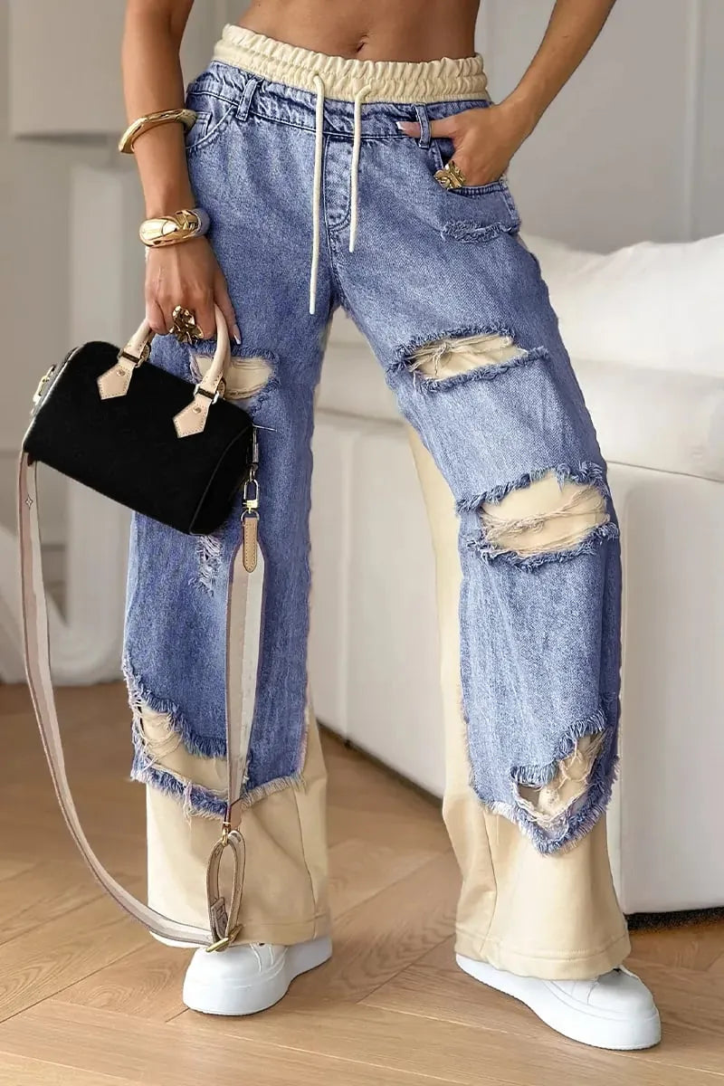Women's Denim Trousers with Stitching and Ripped Design🌞👖