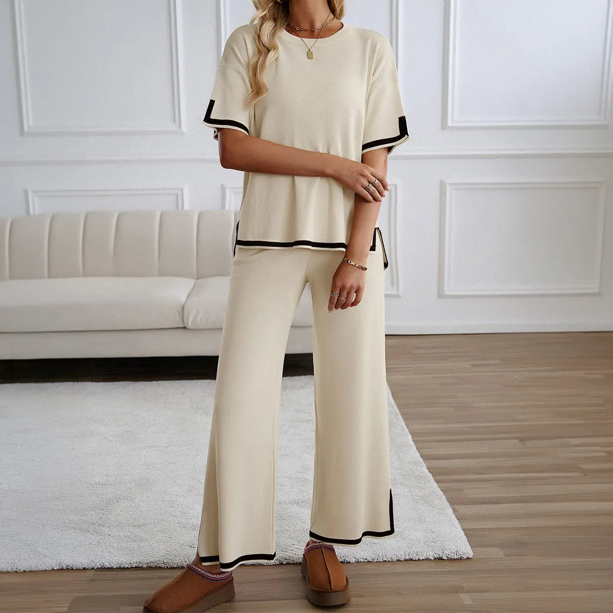 Chic Short Sleeve Knitted Pants Set