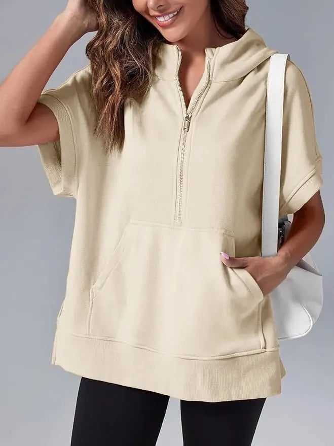 Oversized Casual Half Zip Short Sleeve Pullover Tops with Pockets (Buy 2 Free Shipping)