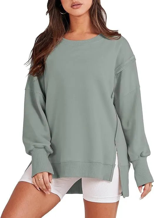 Oversized Crew Neck Sweatshirt Slit Pullover (Buy 2 Free Shiping)