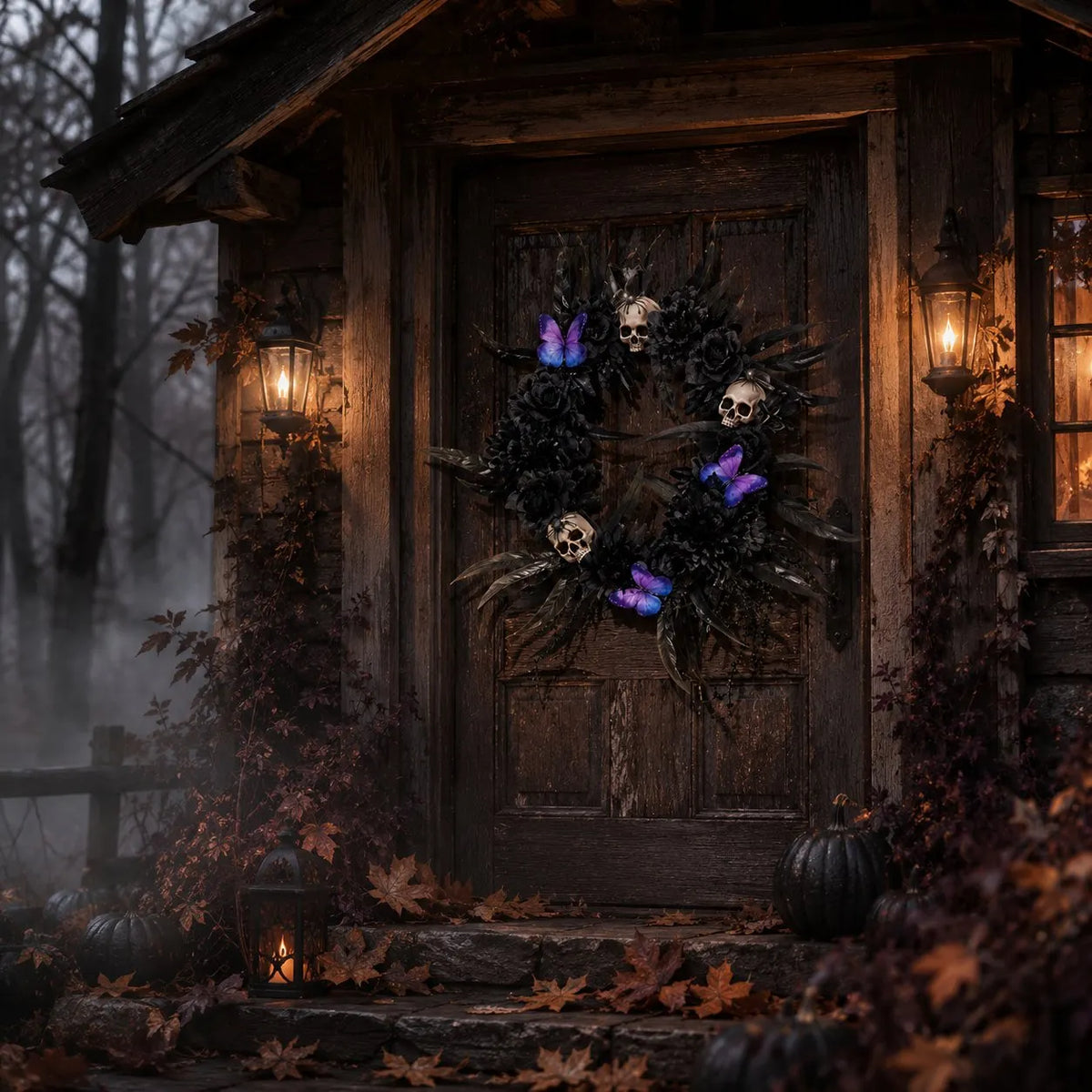 🎉Gothic Wreath with Black Roses & Butterflies, Elegant Decor for Halloween Entryway