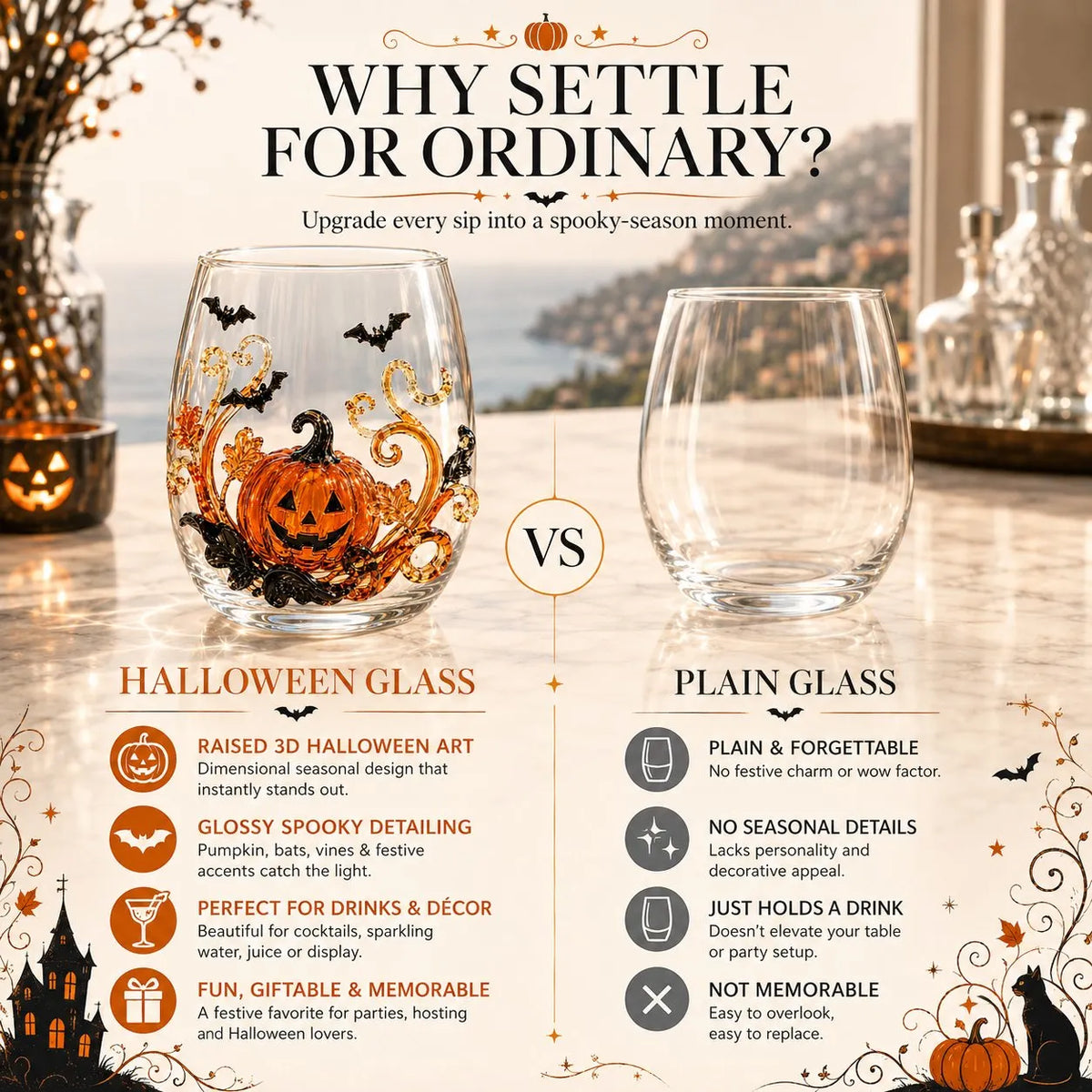🎉🎃 3D Halloween Artisan Glassware Collection | For Magical Halloween Sips, Eye-Catching 3D Details, Luminous Festive Party Moments & Cozy Fall Home Bar Glow