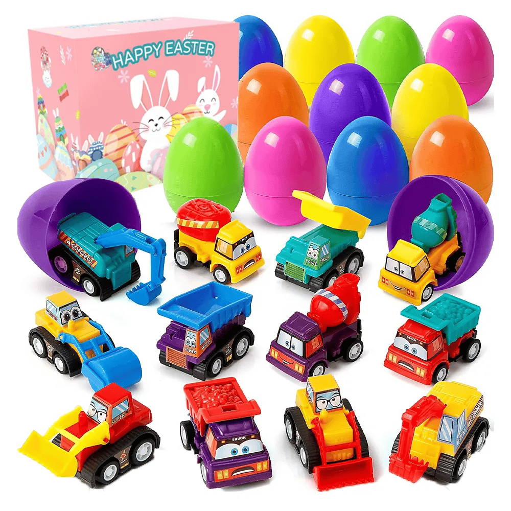 BUY 2 FREE SHIPPING -Easter Eggs Filled With Pull-Back Construction Vehicles, Cute Animals, Dinosaurs, Jewelry pieces and Bunnies