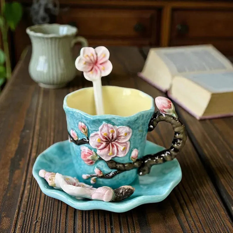1 Set of Hand Painted Ceramic Cups & Saucers | 3D Starry Sky, Apricot Flower, Sunflower, Iris Tea | Coffee Mug | Round Plate and Spoon