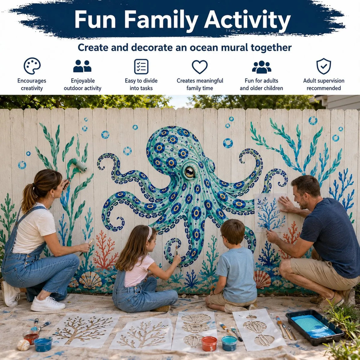 🐙 Reusable Ocean Octopus Mural Stencil Set | Bring Plain Walls & Fences to Life with a Bold Underwater Scene 🌊🎨✨