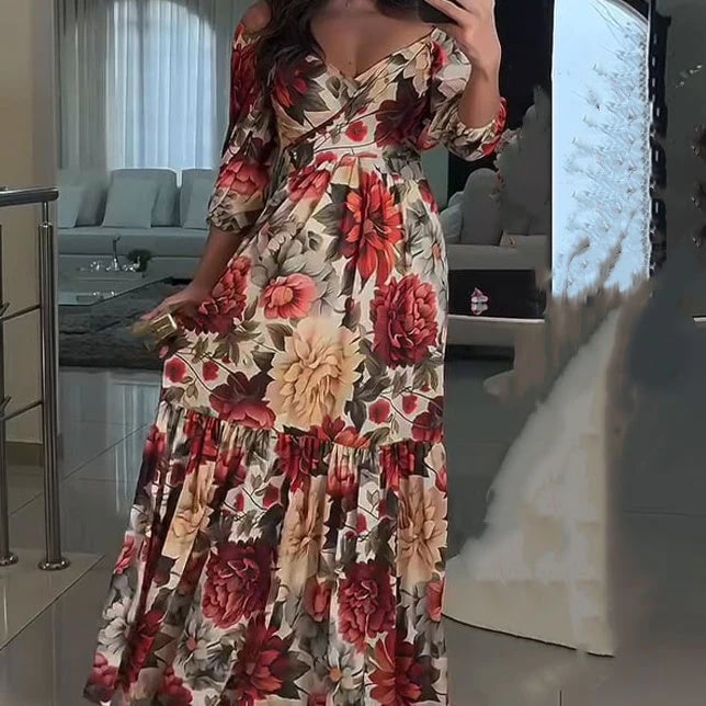 Women's V-Neck Floral Printed Pleated Dress 🌹