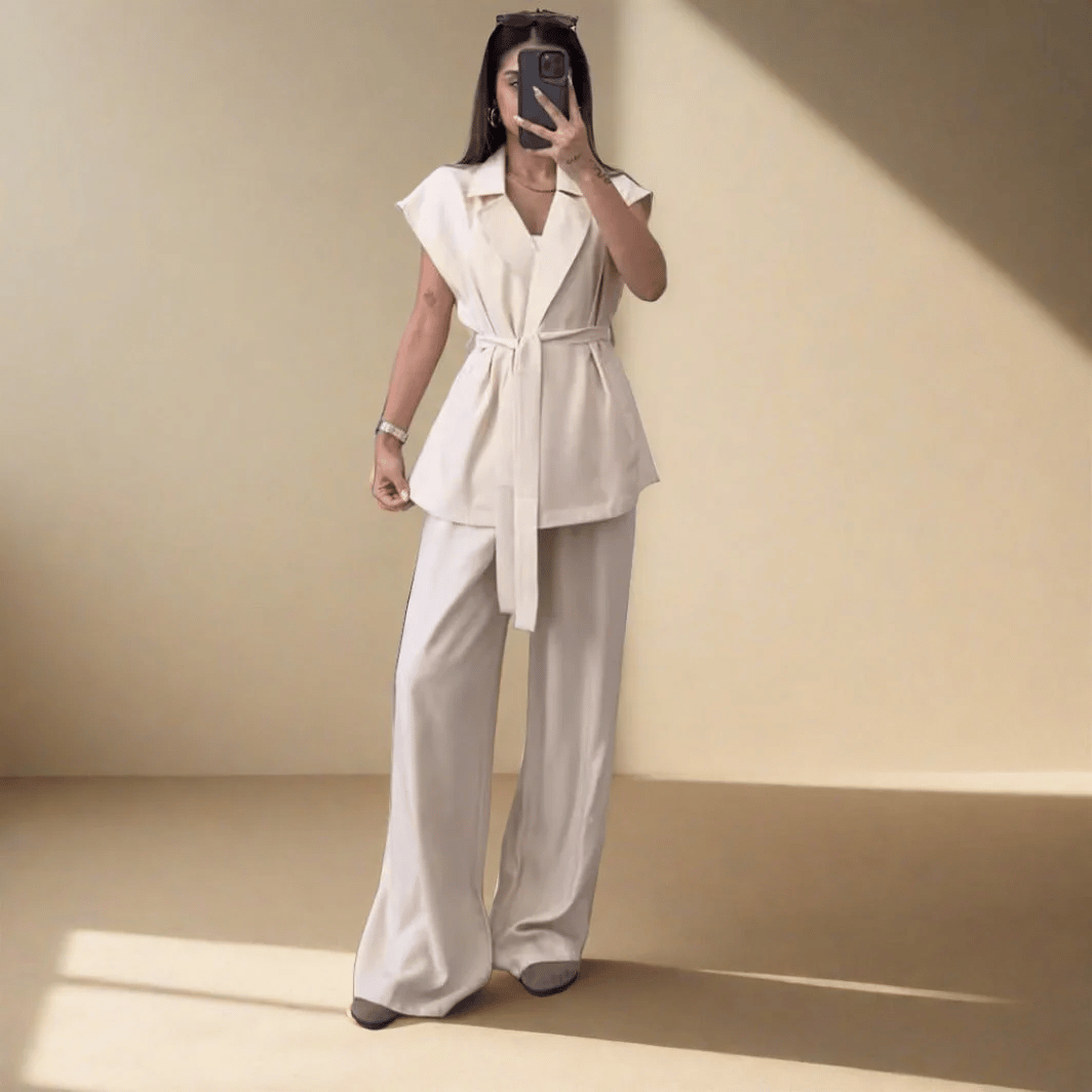 Women's Sleeveless Lapel Top High Waisted Pants 2-Piece Set