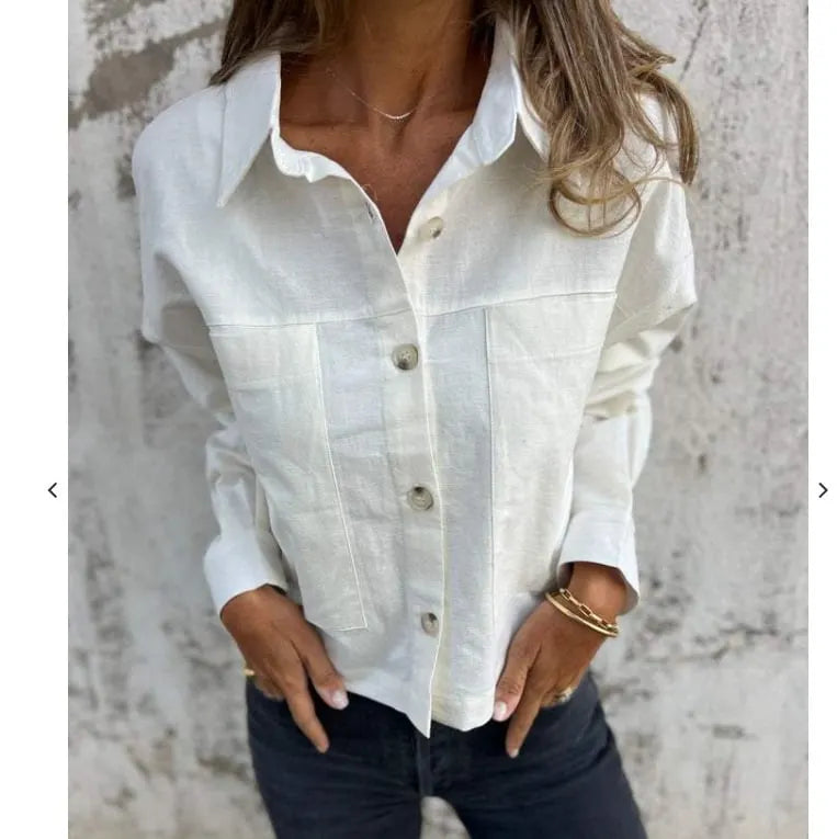 (BUY 2 FREE SHIPPING) Women's Cotton-Linen Double-Pocket Blazer-Style Lapel Shirt