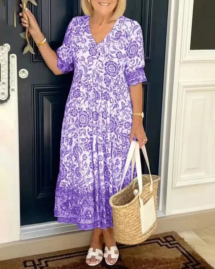 New Large Size V-Neck Floral Dress