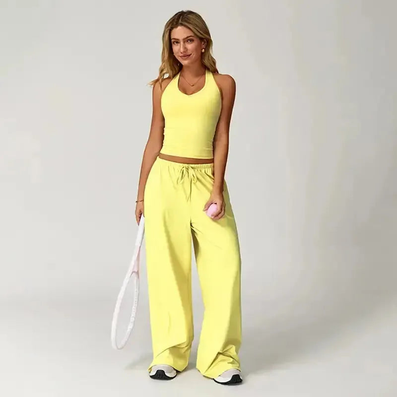 Women’s 2-Piece Silk-Like Lounge Set – V-Neck Strappy Top & Wide Leg Pants