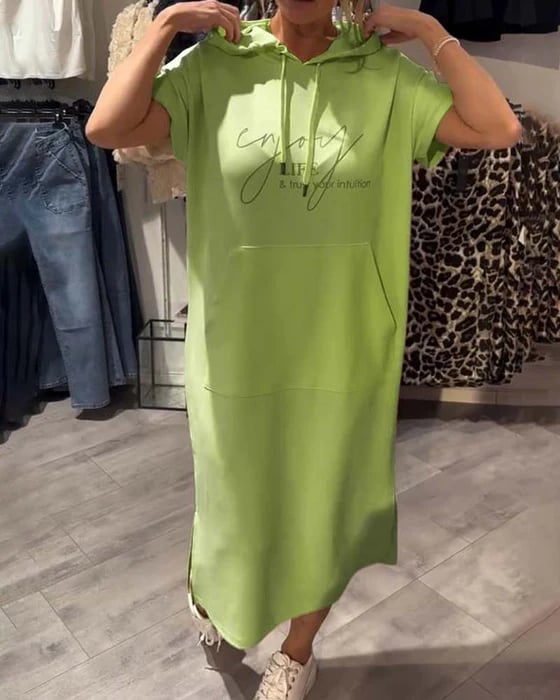 Solid Color Short Sleeve Hoodie Pocket Dress for Women