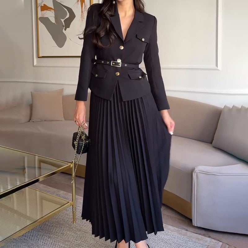 🔥Hot sale🔥Women's Blazer with Lapels and Maxi Pleated Skirt, 2-Piece Set with Matching Belt(🚛Free shipping)