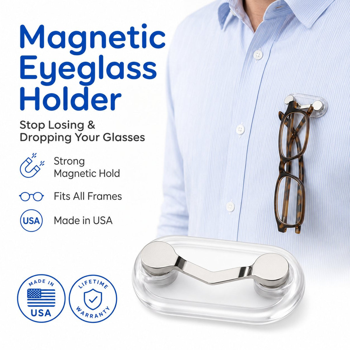 🧲 Magnetic Eyeglass Holder Clip, Universal Glasses Hanger for Readers, Blue Light Glasses & Sunglasses, No More Lost Eyewear
