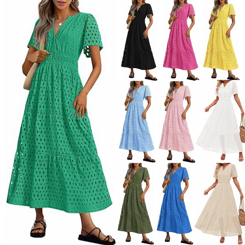 Womens Summer V Neck Maxi Dress Short Sleeve Hollow Out Flowy Beach Dress