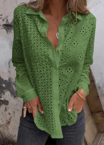 Women Hollow Out Button Tops Dressy Lace Eyelet