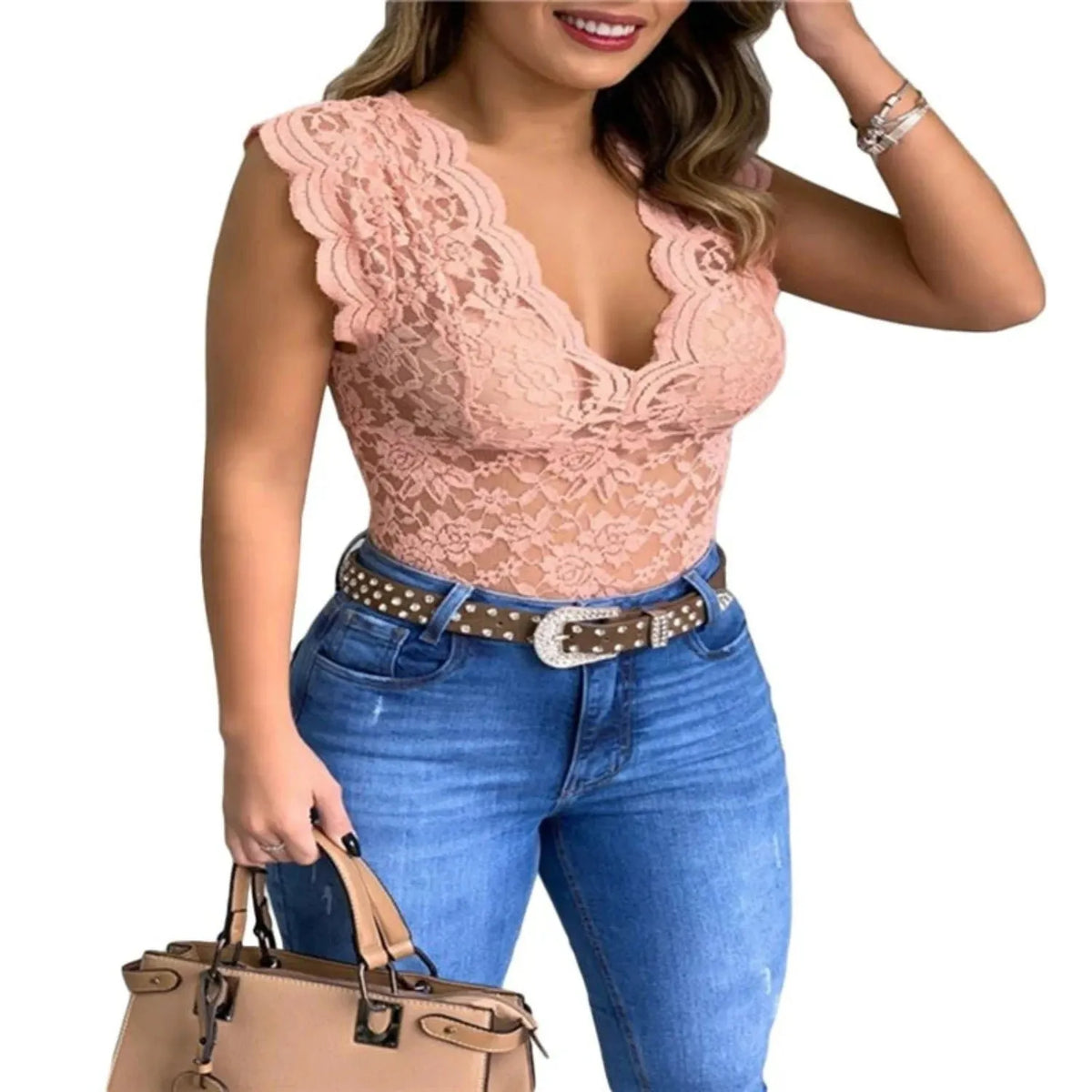 Women Slim Tunic Lace V Neck T-shirt