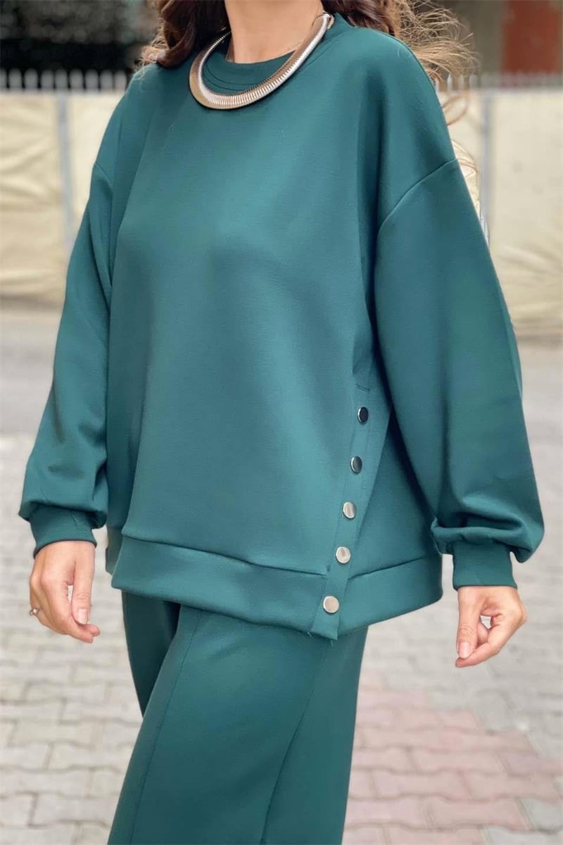 Metal Button Split Long Sleeve Top and Sporty Tapered Pants