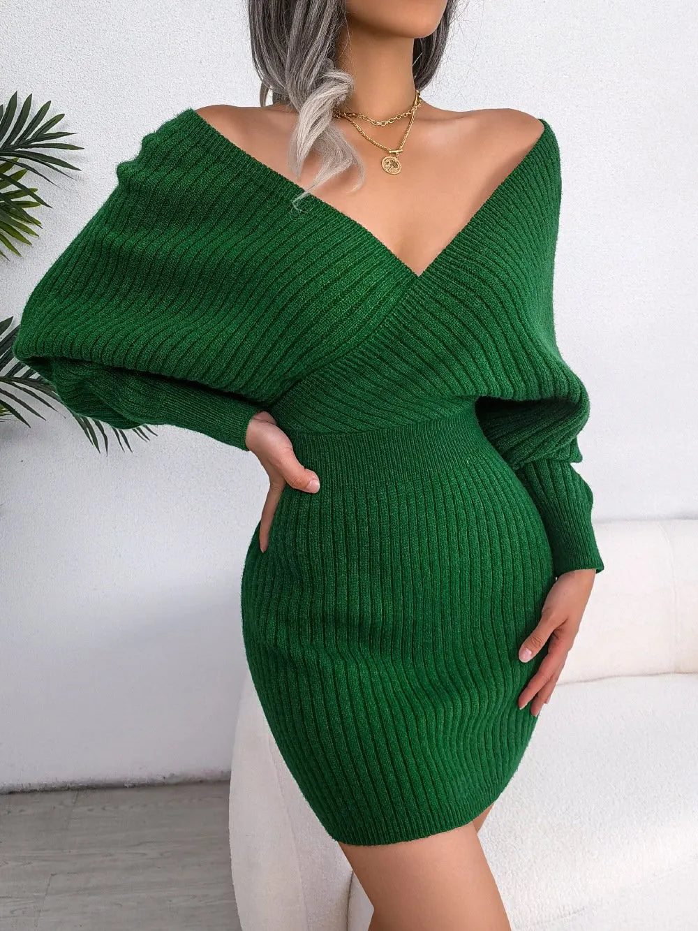 Sexy Knit Mini Dress with Long Batwing Sleeves