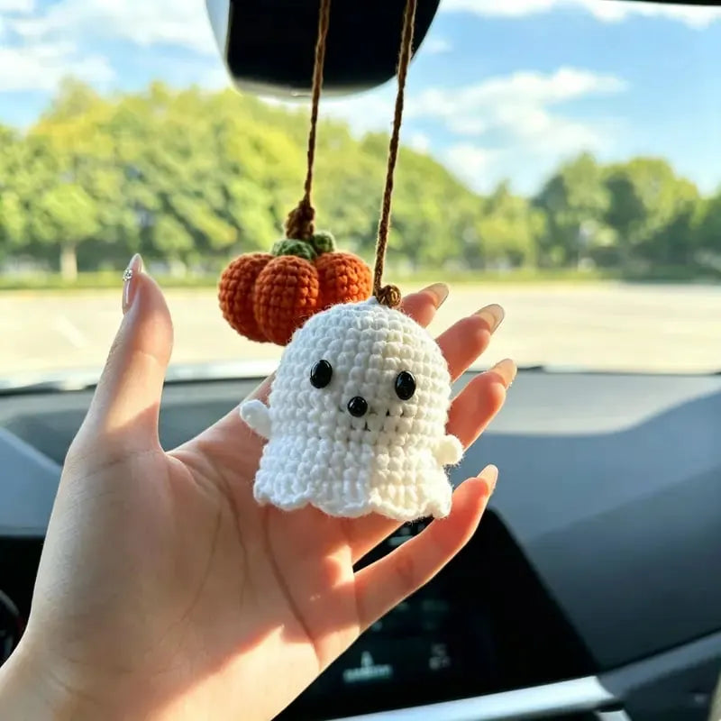 👻Crochet Ghost & Pumpkin Rear View Mirror Charm🎃Handmade Amigurumi Car Decor