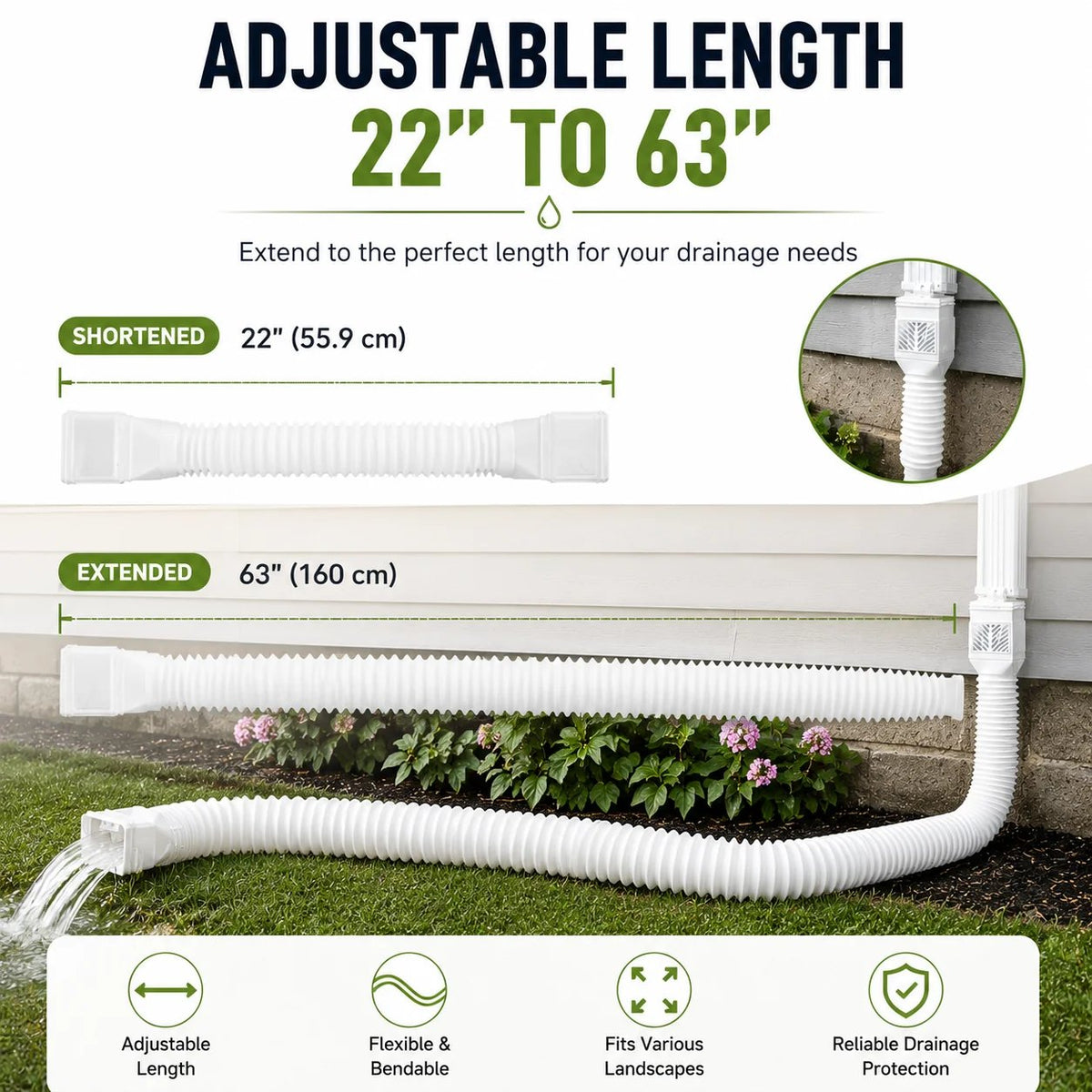 🎉🏡 Flexible Rain Gutter Downspout Extension Kit  – Adjustable 22"-63" Drain Pipe with Leaf Filter for Foundation Protection