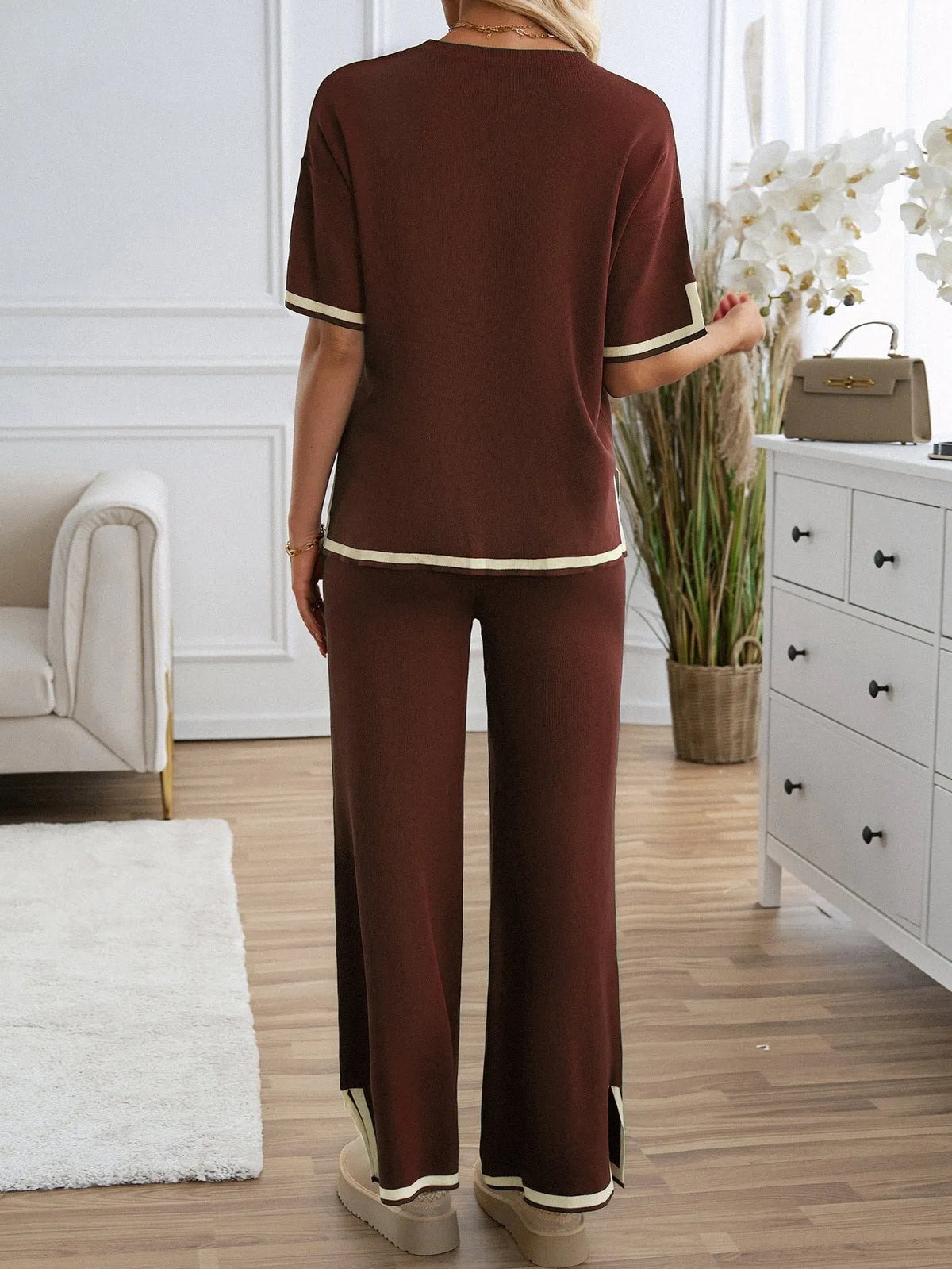 Chic Short Sleeve Knitted Pants Set