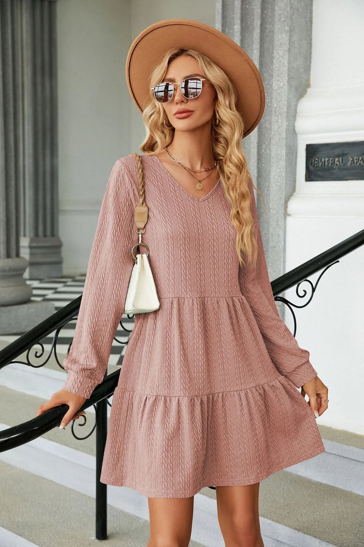 Women's V-Neck Lantern Sleeve Ruffle Trim Flowy Dress