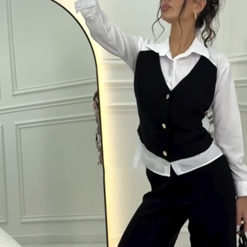 Damen Set aus Hemd mit Weste in Layering-Optik und Hose