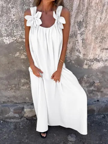 💕 Solid color dress for women with floral strap and U-neckline