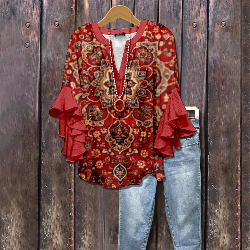 Floral Print Ruffle Bell Sleeve Top