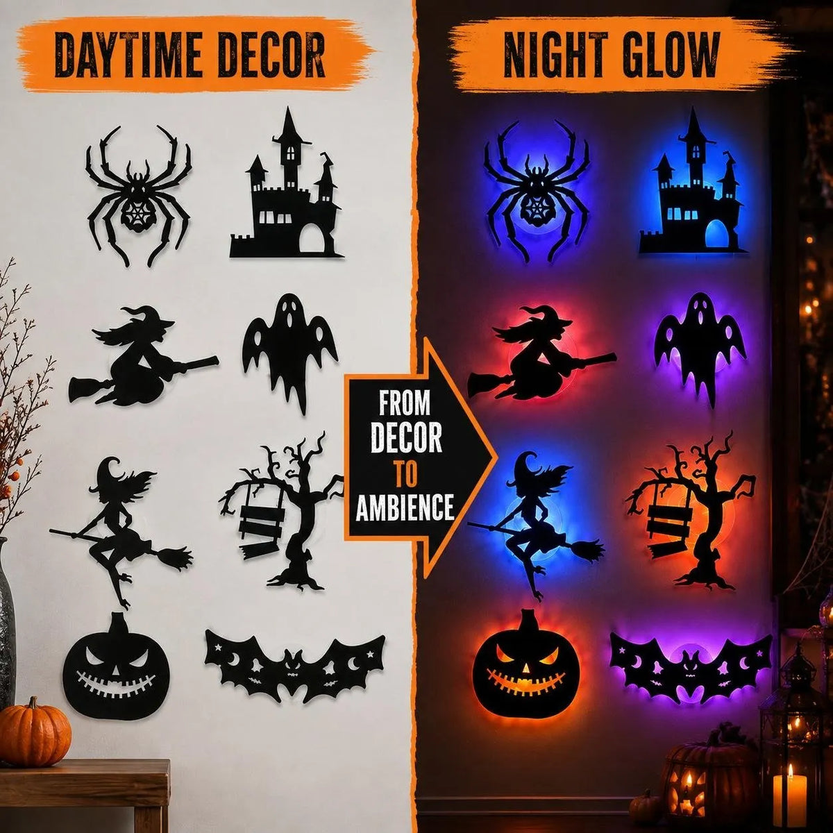 🎃Halloween LED Silhouette Wall Stickers – 🖤Spooky Peel & Stick Light-Up Decor