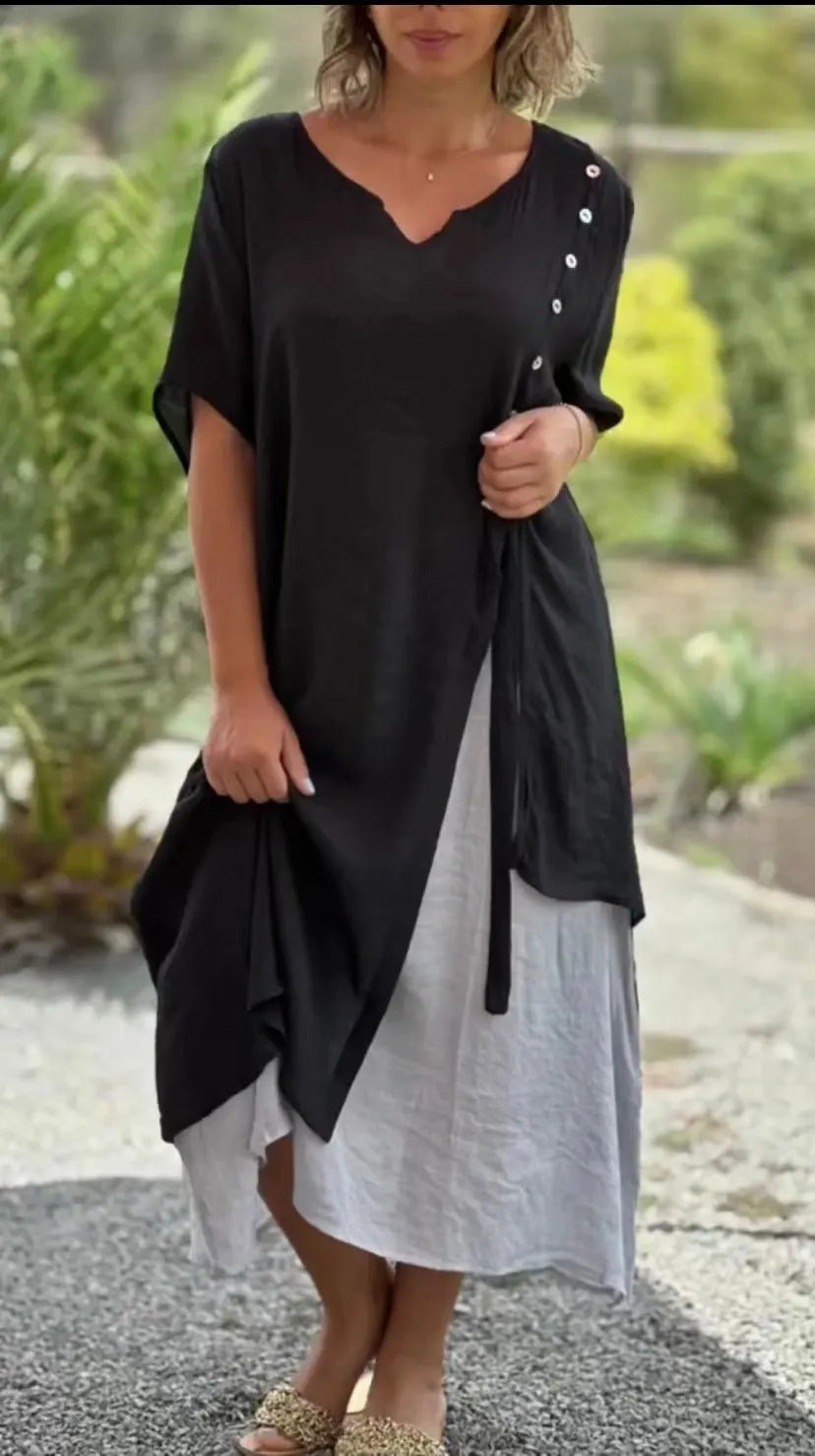 🔥👗  Fake Two-Piece Asymmetric Short Sleeve Dress