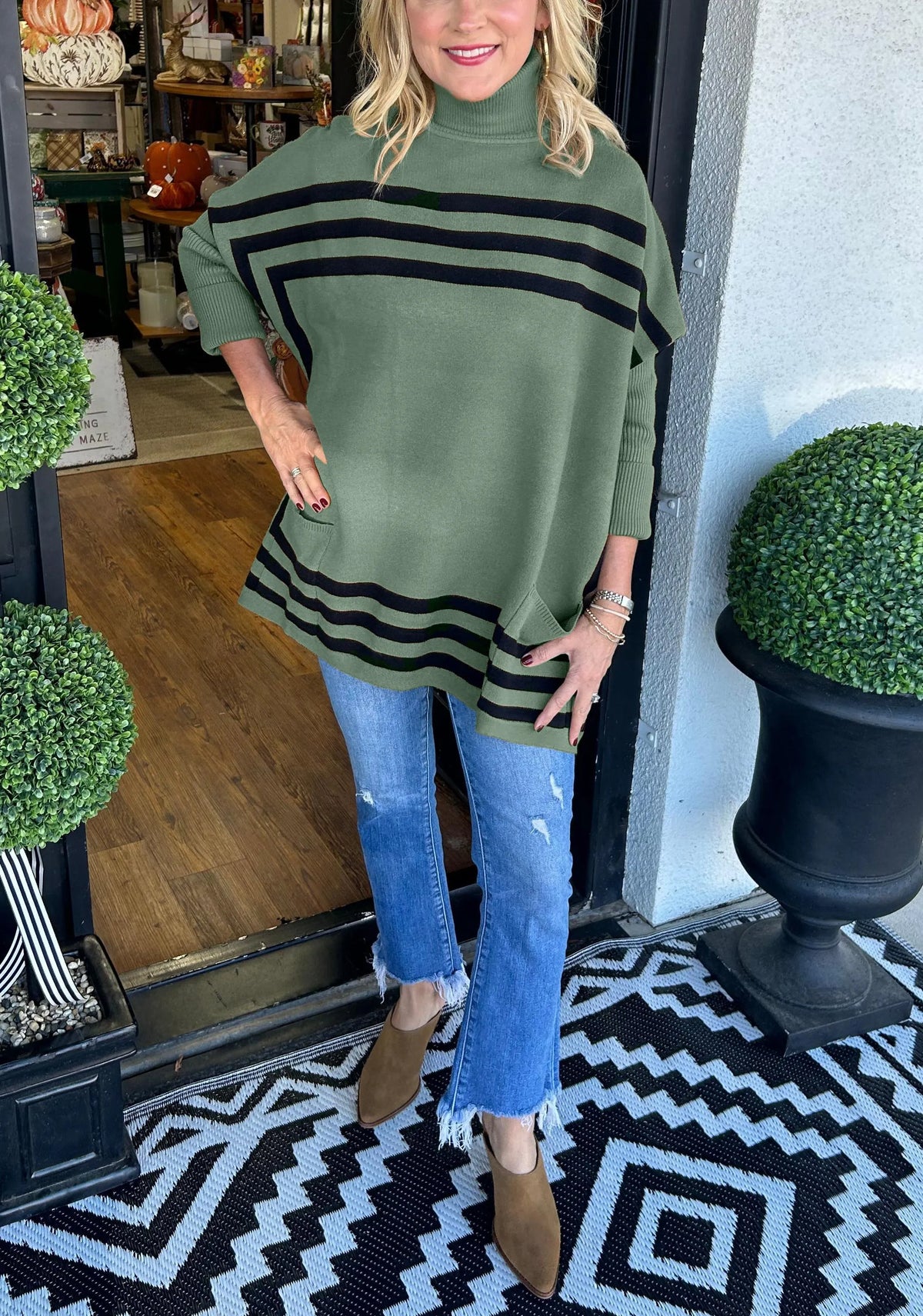 WOMEN'S HIGH NECK BAT SLEEVE STRIPED SWEATER (BUY 2 FREE SHIPPING)