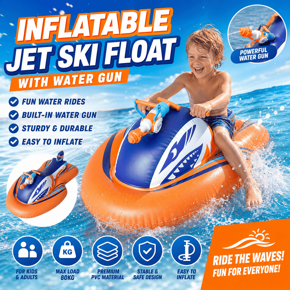 🎉🏆2026 Upgraded 49% OFF🌊 2-in-1 Shark Inflatable Jet Water Ski🚤 Built-in Water Gun