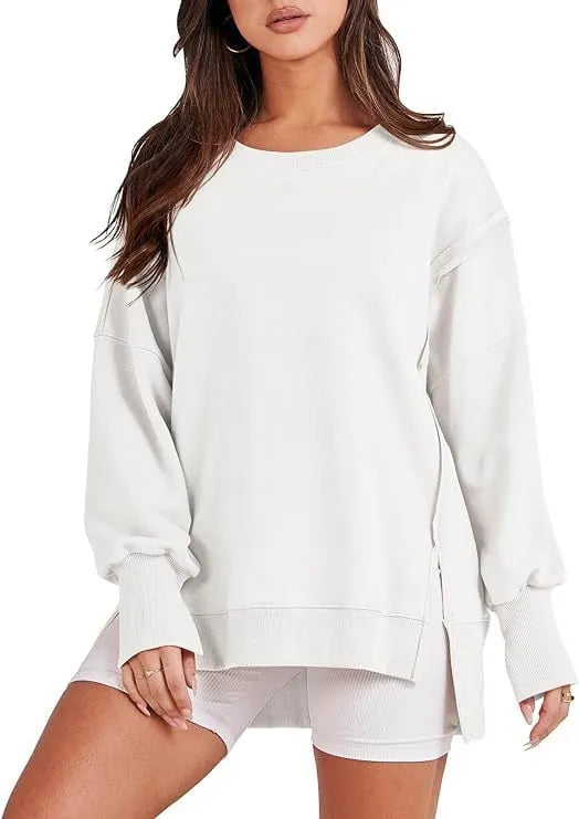 Oversized Crew Neck Sweatshirt Slit Pullover (Buy 2 Free Shiping)