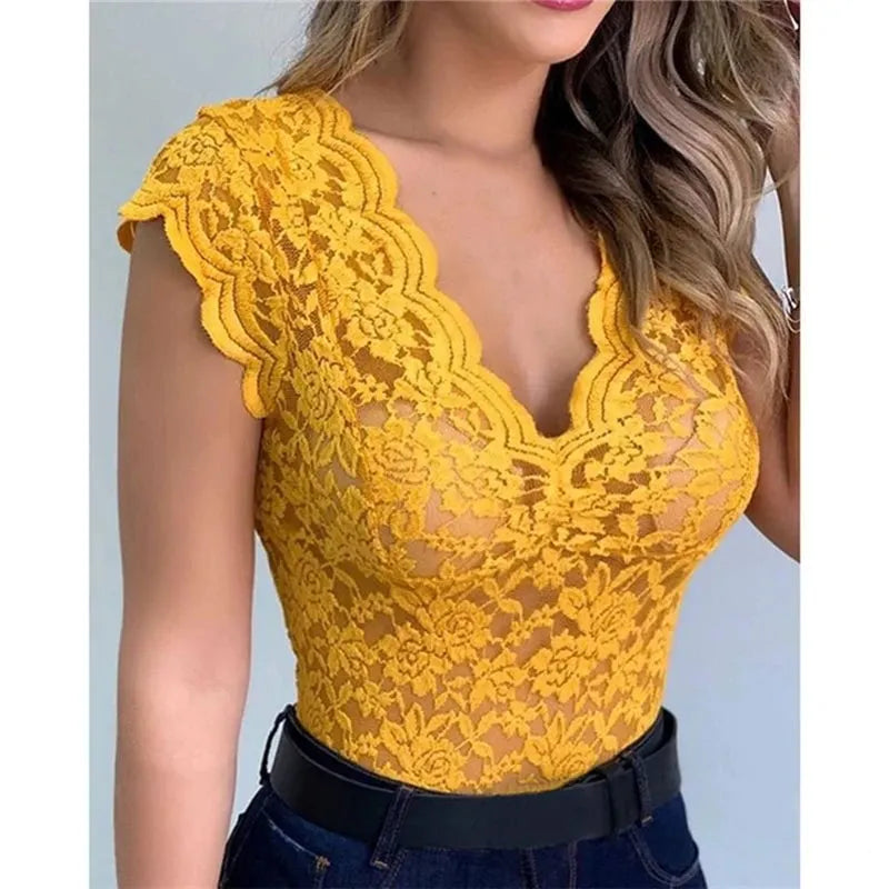 Women Slim Tunic Lace V Neck T-shirt
