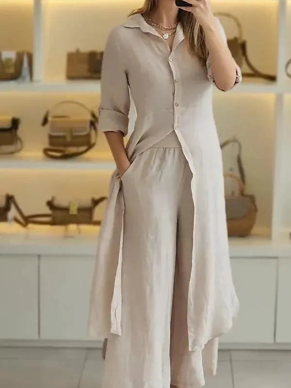 Women Summer Casual Linen Set Elegant Long Sleeve Two-piece Pant Suits