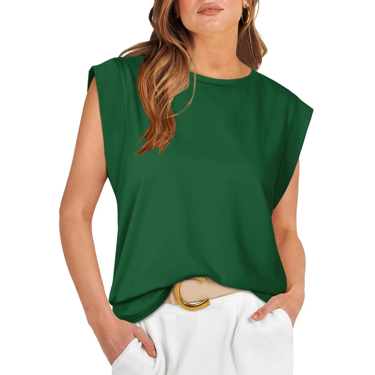 💖 Solid Color/Striped Top with a Crew Neck and Cap Sleeves
