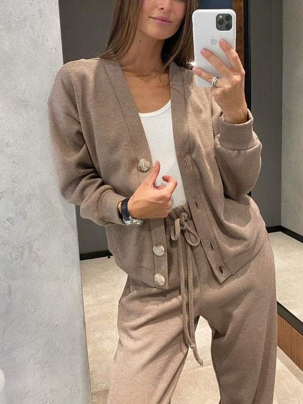 Women's Knitted Buttoned Jacket and Pants Two-piece Set (Buy 2 Free Shipping)