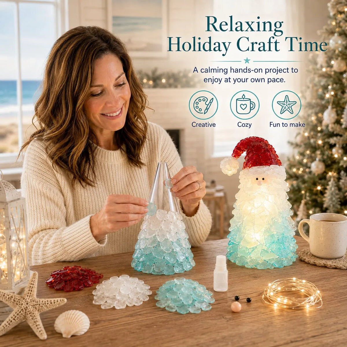 🎉🎅 Beginner-Friendly DIY Lighted Sea Glass Santa Christmas Decor Kit | Complete Kit with Sea Glass Pieces, Warm Fairy Lights & Step-by-Step Guide Included 💕