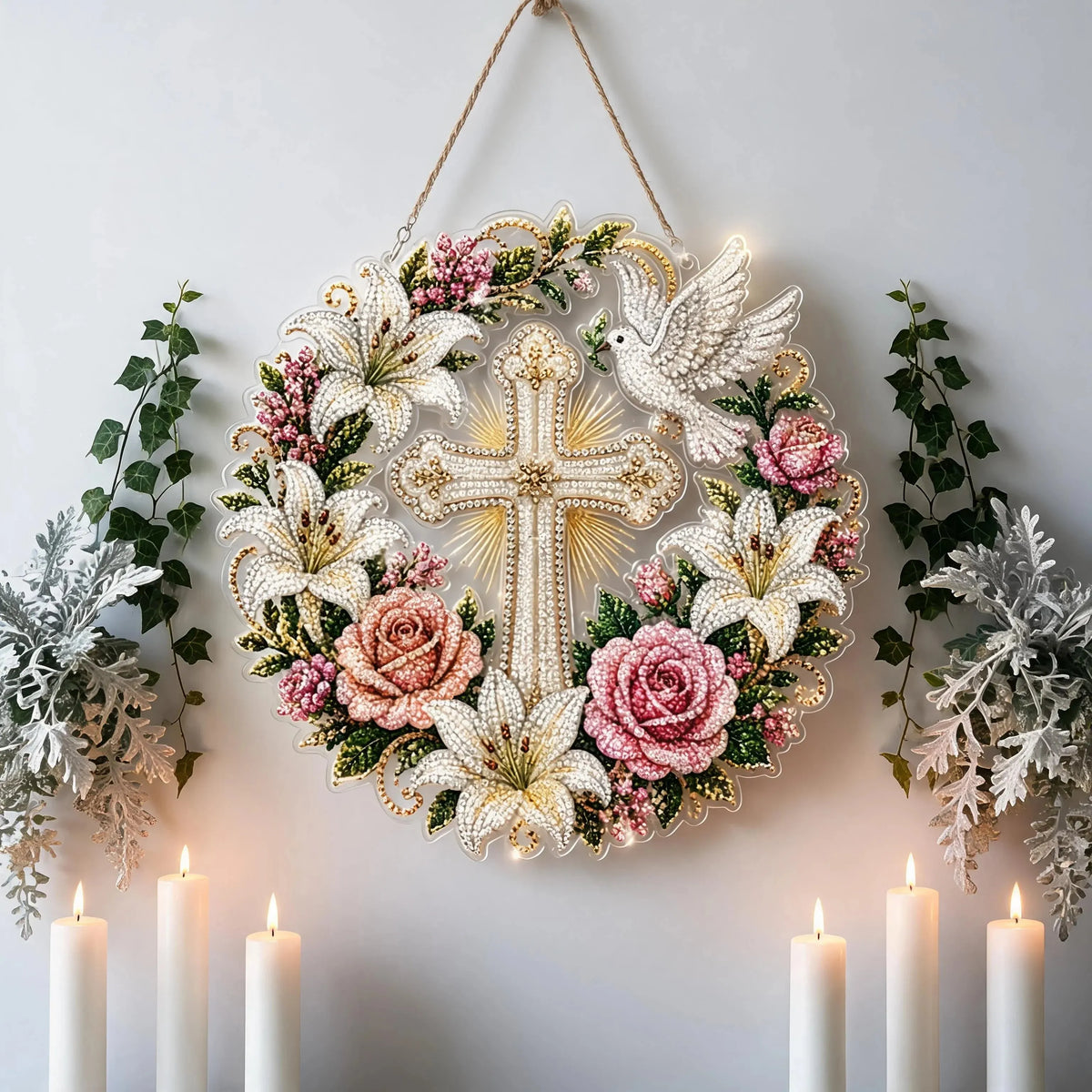 🔥HOT SALE🔥✝️💐Cross, Flowers & Peace Dove Diamond Art Hanging Ornament Kit