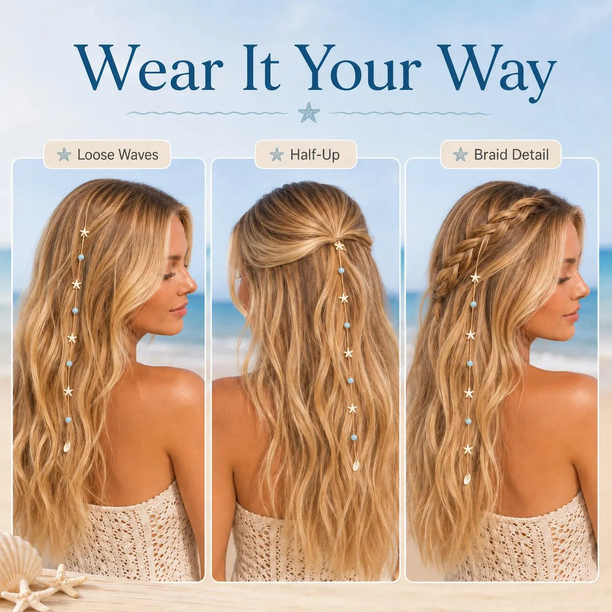 🔥HOT SALE🔥🌊⭐Beachy Mermaid Hair Accent Clip (Featuring blue bead accents, starfish, and shell charms)