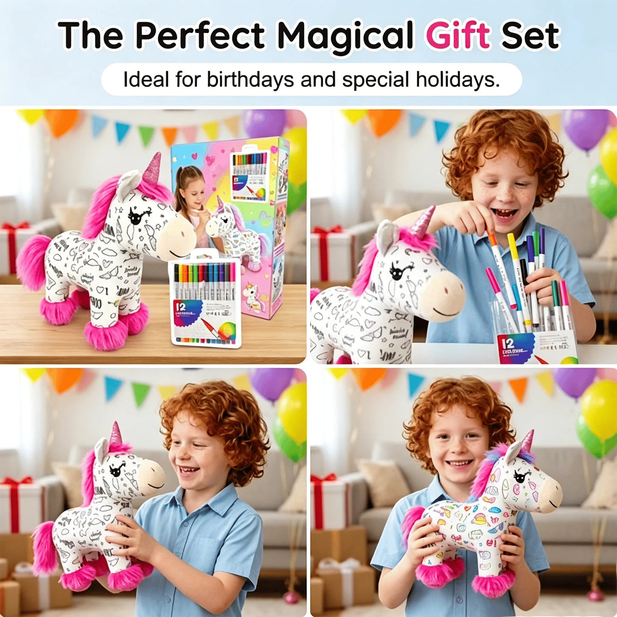 🦄 DIY Coloring Unicorn Plush Kit – Reusable Stuffed Animal Craft Set with 12 Washable Markers, Kids Gift for Ages 3–8, Birthday & Holiday Presents
