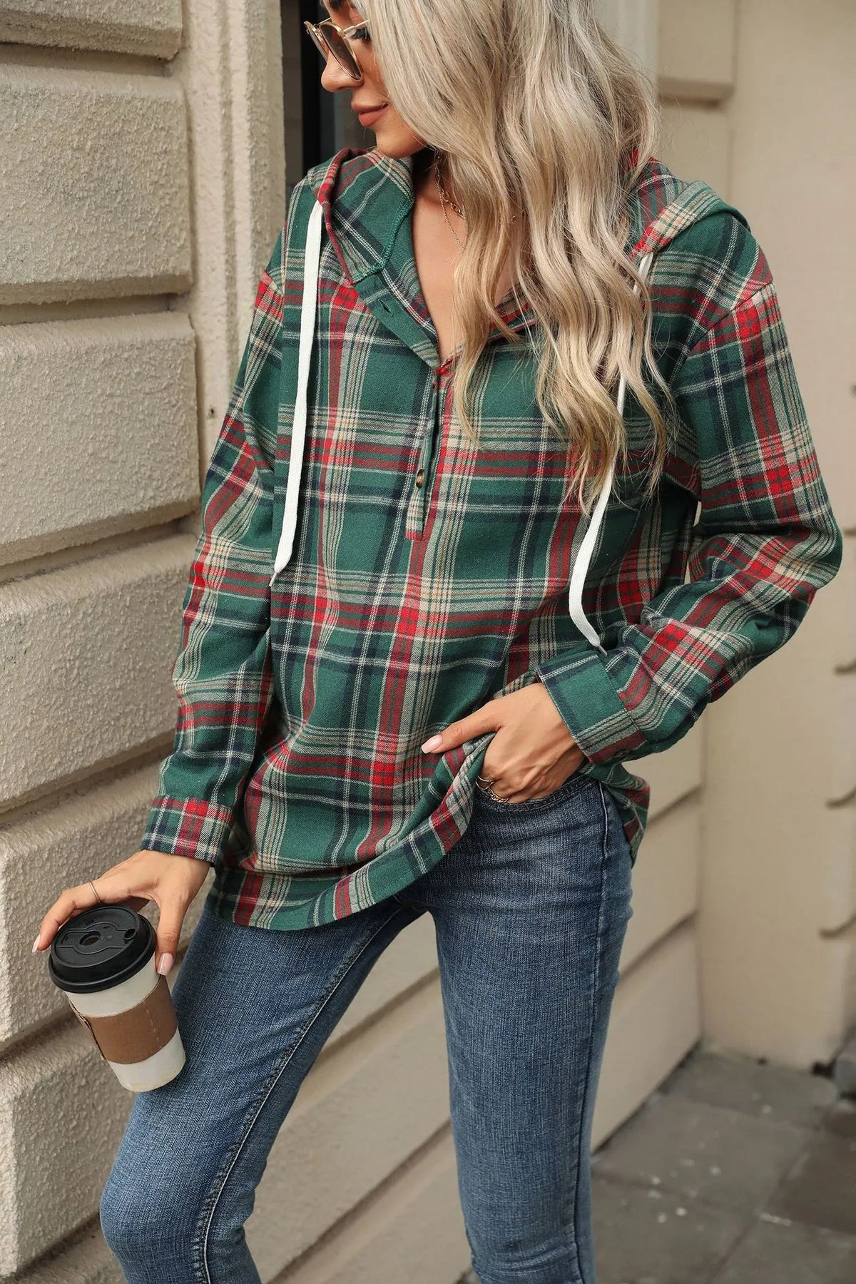 Women Autumn Winter Loose Long Sleeve Hooded Button Plaid Coat