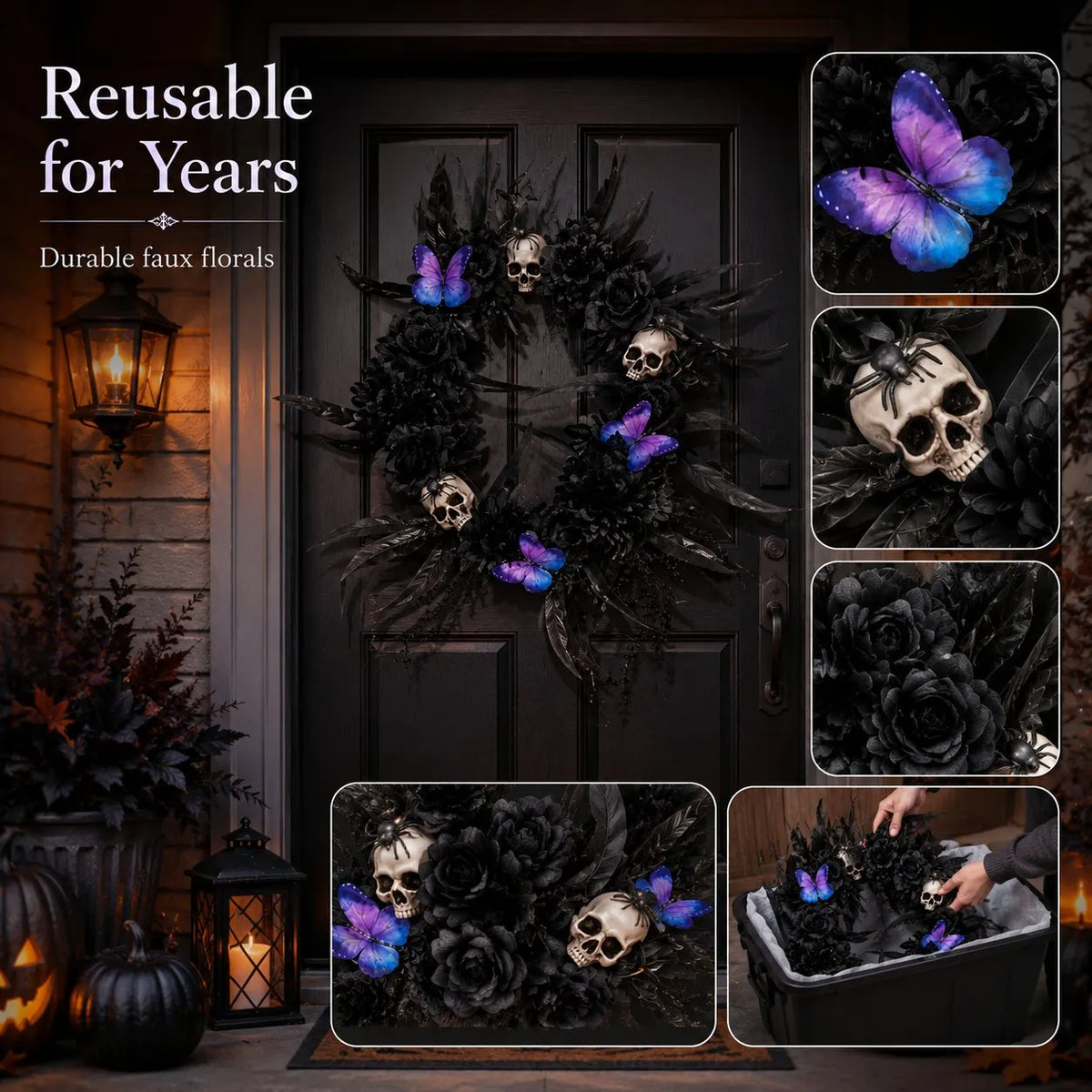 🎉Gothic Wreath with Black Roses & Butterflies, Elegant Decor for Halloween Entryway