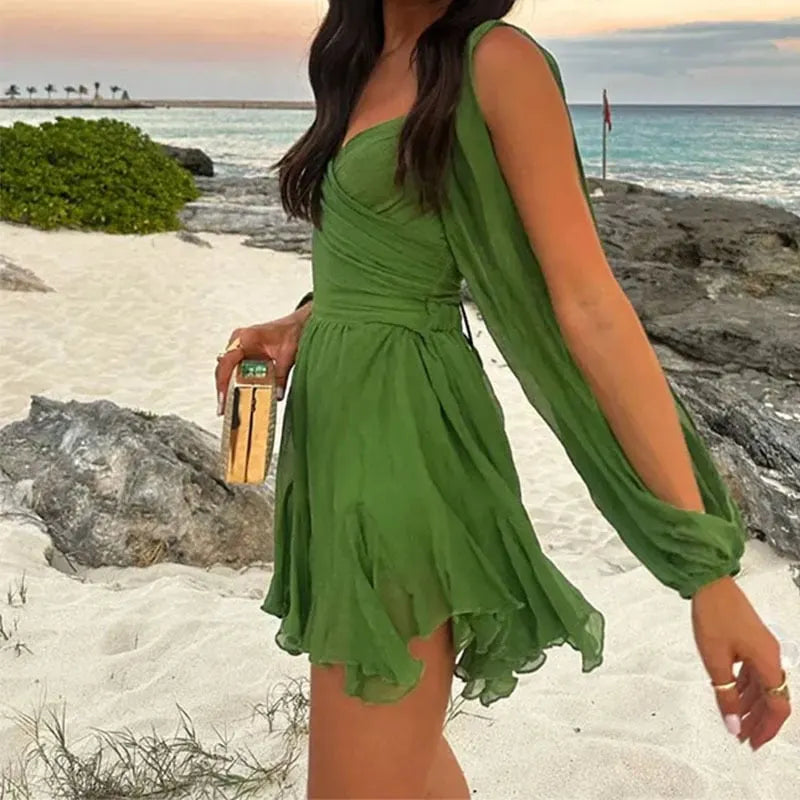 Sexy Spice Hollow Lantern sleeve V-neck off the shoulder dress