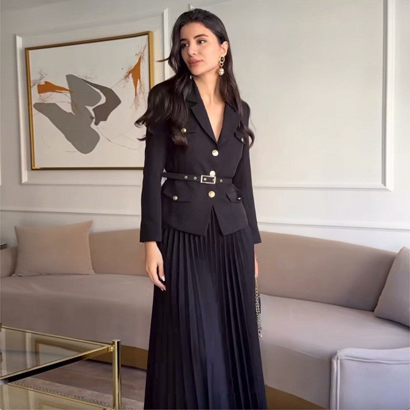 🔥Hot sale🔥Women's Blazer with Lapels and Maxi Pleated Skirt, 2-Piece Set with Matching Belt(🚛Free shipping)