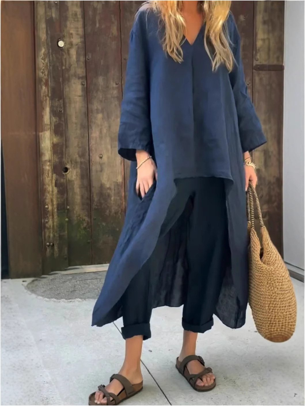 Solid High Low Hem Top & Pants Two-Piece Set